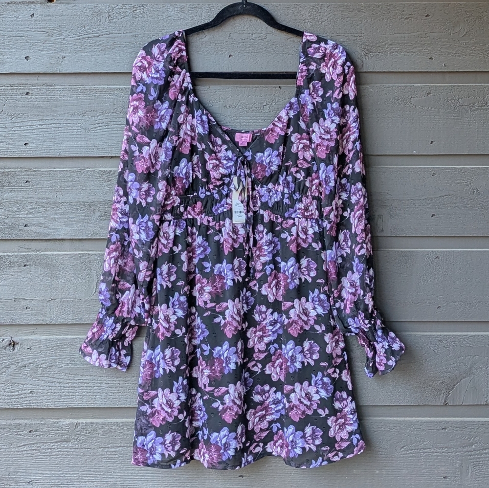NWT Miami for Francesca's Floral V-Neck Long Sleeve Mini Dress Purple Pink Black